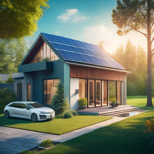 An illustration featuring a modern home with solar panels on the roof, a wind turbine in the backyard, and a sleek electric vehicle charging in the driveway, surrounded by lush greenery.