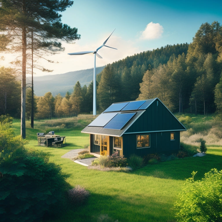 A serene off-grid cabin surrounded by lush greenery, with a rooftop covered in sleek black solar panels, a wind turbine spinning in the distance, and a bright blue sky with a few wispy clouds.