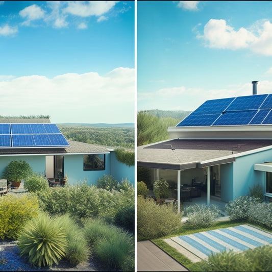 A split-screen comparison: a cluttered rooftop with solar panels, vs. a spacious ground mount system with panels at optimal angles, surrounded by lush greenery and a clear blue sky.