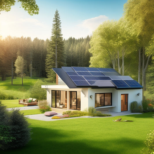 An illustration of a modern, eco-friendly home with solar panels on the roof, a wind turbine in the backyard, and a small battery storage unit near the house, surrounded by lush greenery.