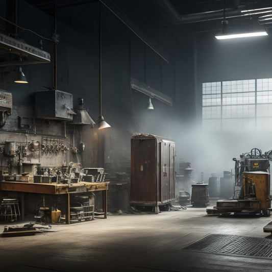 A clean, well-lit workshop with a large, steel-gray industrial control panel as the central focus, surrounded by various soft-bristled brushes of different sizes and shapes, with a few scattered dust particles.