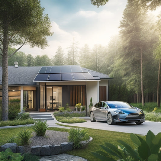 A serene, modern home surrounded by lush greenery, with solar panels on the roof, a wind turbine in the backyard, and a Tesla charging station in the driveway.