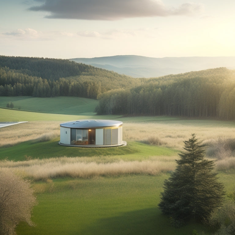 A serene, rural landscape with a modern, sleek off-grid cabin in the distance, surrounded by lush greenery, featuring a prominent, silver battery bank with solar panels and a wind turbine nearby.