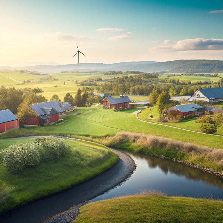 A serene, sun-drenched rural landscape with a small village in the distance, featuring a prominent wind turbine and solar panels on rooftops, surrounded by lush greenery and a meandering stream.