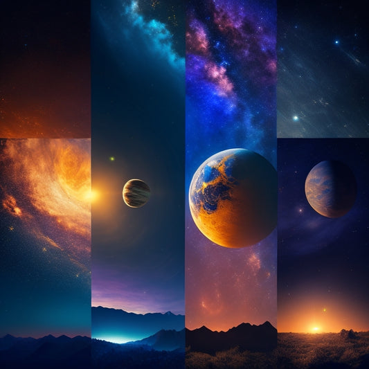 A serene, starry night sky with eight planets, each with distinct textures and colors, orbiting a bright, warm sun, surrounded by subtle, glowing asteroids and a delicate, crescent moon.