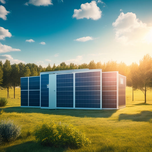 A sleek, futuristic battery storage facility, featuring interconnected energy cells, solar panels glistening under sunlight, and a digital interface displaying efficiency metrics, surrounded by lush greenery and a blue sky for a sustainable energy theme.