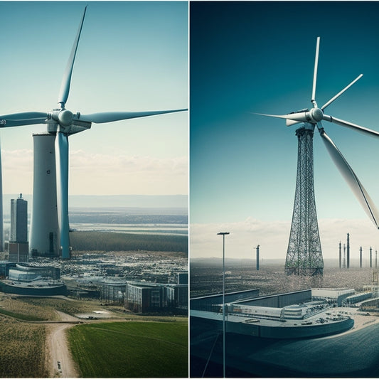 A split-screen image featuring a wind turbine with cracked blades and worn-out machinery on one side, and a sleek, modern cityscape with a subtle grid of hidden wiring and pipes on the other.