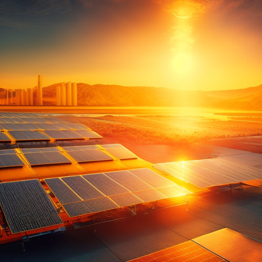 A futuristic, high-temperature industrial setting with rows of sleek, silver solar panels, some with thermal imaging overlays, amidst a backdrop of fiery oranges and yellows, with wispy heat waves rising.