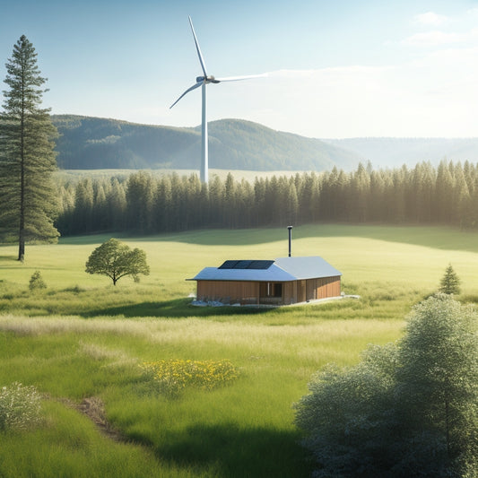 A serene landscape with a small, modern, off-grid cabin in the distance, surrounded by lush greenery, with a subtle solar panel array and a wind turbine in the background, amidst a sunny, blue-skied day.
