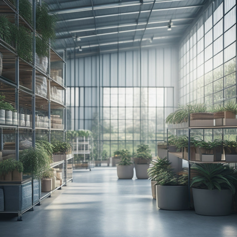 A serene, modern warehouse interior with sleek, silver wire shelving units powered by sleek, compact solar panels mounted on the roof, amidst lush greenery and natural light pouring in.