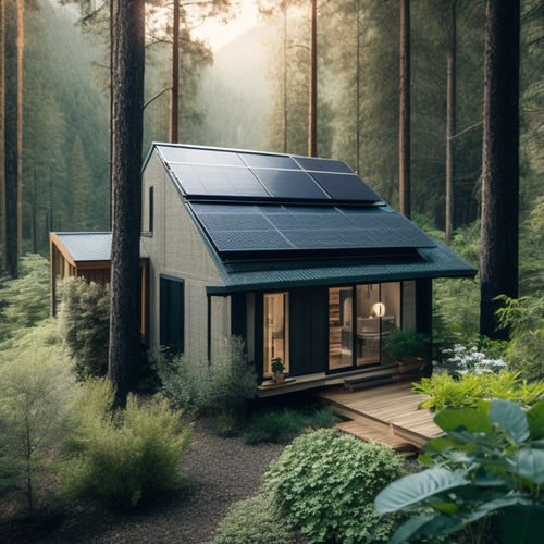 A serene off-grid cabin surrounded by lush greenery, with a rooftop solar panel array and a sleek, silver battery bank installed on the exterior wall, connected by sleek black cables.