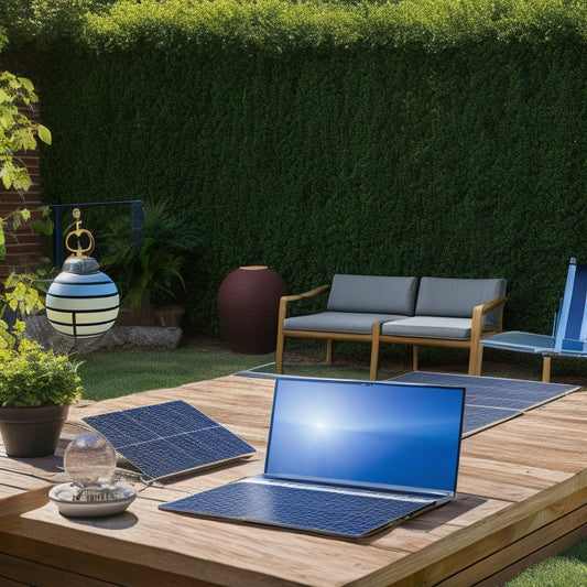 A sunny backyard with a laptop and a solar panel catalog on a patio table, surrounded by solar panels and a small globe, with a subtle grid pattern in the background.