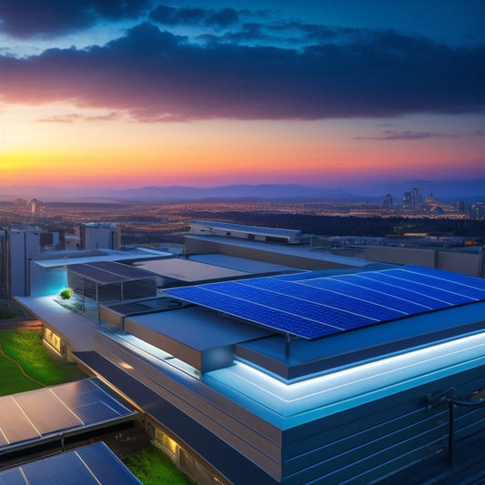 A futuristic, sleek rooftop with a matrix of solar panels, a remote inverter humming in the corner, surrounded by wires and cables, with a subtle glow of LED lights and a cityscape in the background.