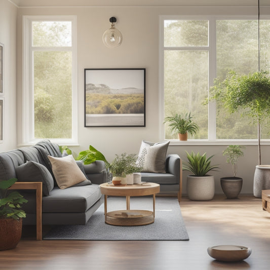 A serene living room with a solar panel on the roof, a smart thermostat on the wall, and a compact energy-efficient lamp on a side table, surrounded by lush greenery and natural light.
