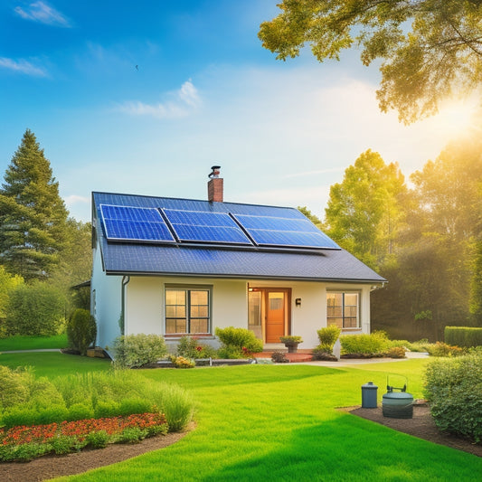 A serene suburban home with solar panels on the roof, a wind turbine in the backyard, and a battery storage system visible through a window, surrounded by lush greenery and a sunny sky.