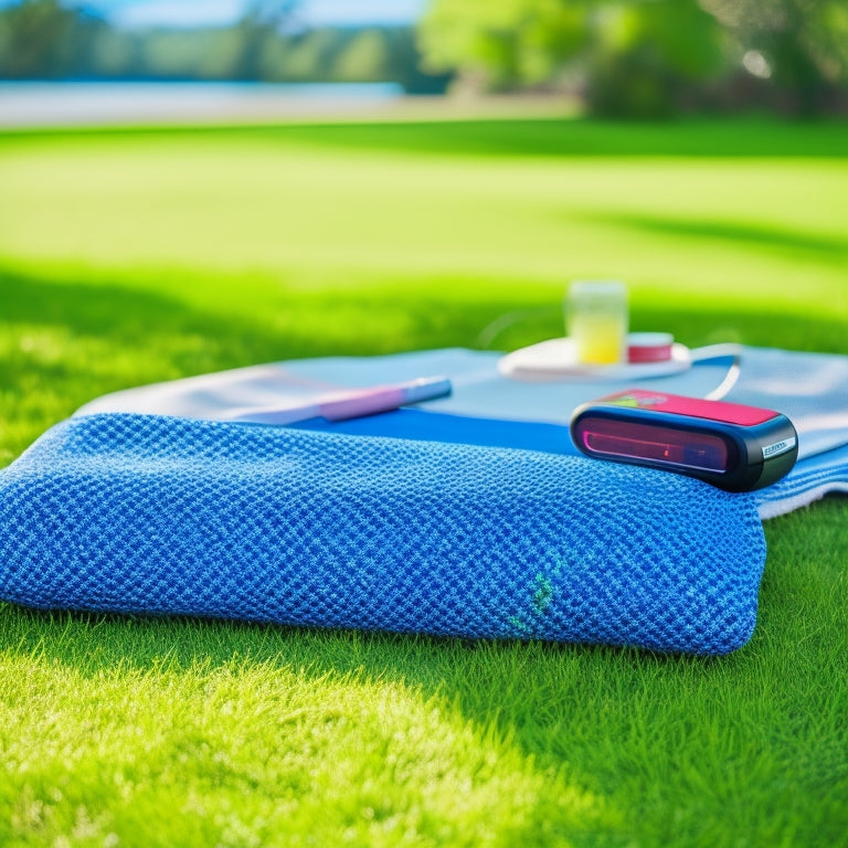 A sleek portable power bank resting on a vibrant picnic blanket, surrounded by a smartphone and wireless earbuds, with a scenic backdrop of a sunlit park, showcasing convenience and mobility in charging.