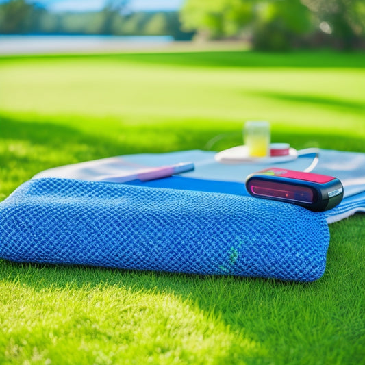A sleek portable power bank resting on a vibrant picnic blanket, surrounded by a smartphone and wireless earbuds, with a scenic backdrop of a sunlit park, showcasing convenience and mobility in charging.
