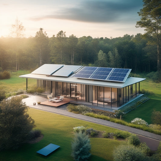 A serene, modern sustainable home surrounded by lush greenery, with a large solar panel array on the roof, a wind turbine in the distance, and a rainwater harvesting system visible on the side.