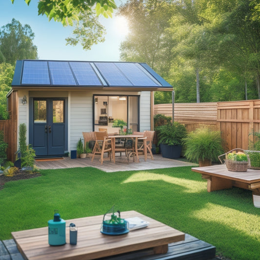 A serene backyard scene with a small, modern house, lush greenery, and a portable solar panel system set up on a wooden deck, with a few solar-powered appliances and gadgets nearby.