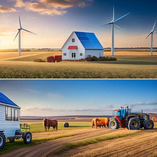 Illustrate a serene rural landscape with a farmhouse, wind turbines, and solar panels in the distance, alongside a large battery storage unit and electric tractor in the foreground.