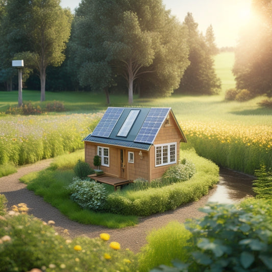 A serene, sun-drenched tiny home surrounded by lush greenery, with solar panels on the roof, a mini wind turbine, and a small garden, amidst a peaceful rural landscape.