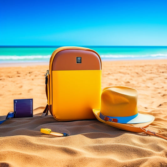 A sleek, modern solar-powered charger rests on a sandy beach, surrounded by travel gear: a sunhat, sunglasses, and a backpack, with the vibrant sun shining brightly and a gentle ocean breeze in the background.