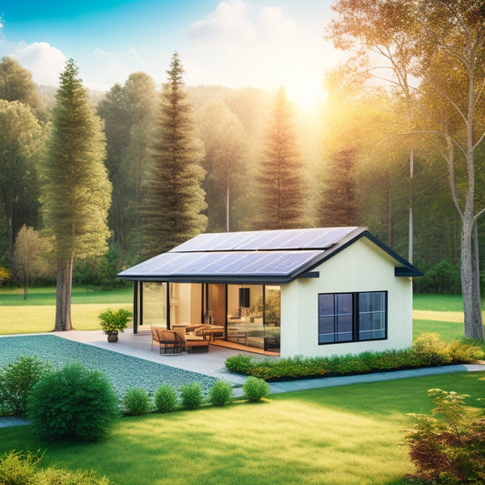 A serene, modern home with solar panels on the roof, a wind turbine in the backyard, and a battery storage system visible through a window, surrounded by lush greenery and a sunny sky.