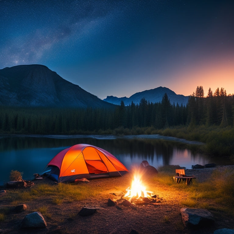 A rugged campsite under a starlit sky, featuring a sturdy portable power station beside a glowing campfire, surrounded by a tent, backpacks, and nature, with mountains in the background and trees swaying gently.