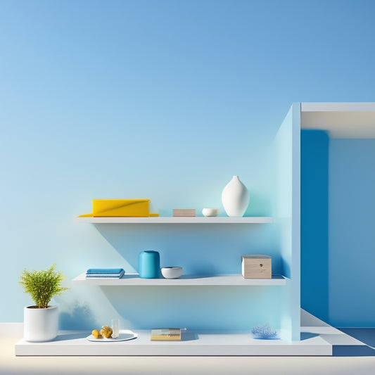 A minimalist illustration featuring floating shelves with integrated solar panels, sleek and modern in design, set against a soft, gradient blue background, with subtle shadows and highlights.