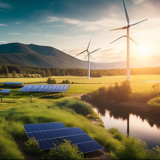 A serene landscape featuring solar panels and wind turbines under a bright sky, with various battery backup systems displayed prominently, showcasing sleek designs and vibrant colors, surrounded by lush greenery and a gentle flowing stream.