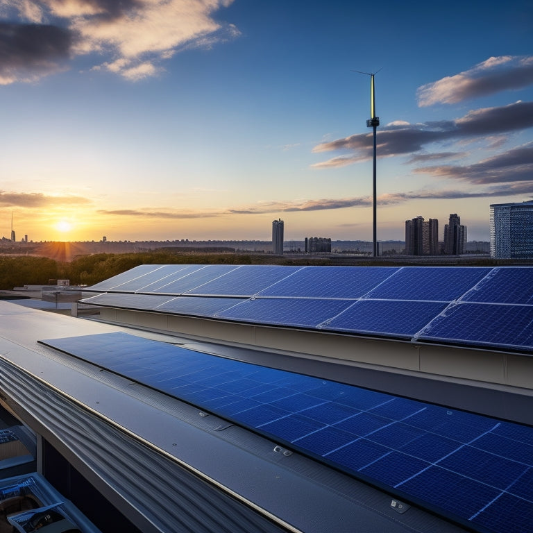 A modern, sleek rooftop with a series of black solar panels installed, connected to a shiny, metallic battery pack with sleek lines and a subtle LED glow.