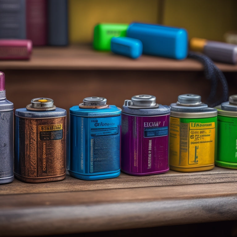 A vibrant close-up of various battery packs in different states of wear, showcasing their age with cracked surfaces and faded labels, contrasted against new, shiny packs, all set on a wooden table bathed in soft natural light.