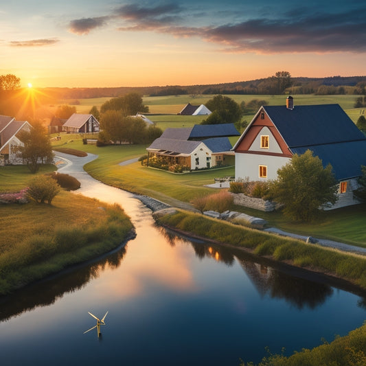 A serene rural village scene at sunset with wind turbines spinning gently in the background, solar panels on rooftops, and a meandering stream running through the village center.