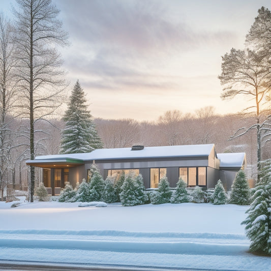 A serene, snow-covered residential landscape with a mix of old and new homes, featuring a prominent, modern, solar-powered house with sleek panels and a green roof, surrounded by lush trees.