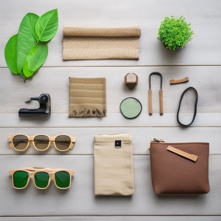 A flat lay of stylish eco-friendly accessories: a bamboo sunglasses, a recycled canvas tote bag, biodegradable phone case, hemp bracelet, plant-based wallet, stainless steel reusable straw, and organic cotton scarf, all set on a natural wood surface.