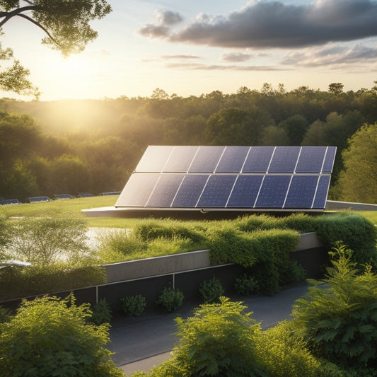 A serene landscape with a modern, sleek, and silver solar panel installation on a rooftop, surrounded by lush greenery, with a subtle electric grid pattern in the background.