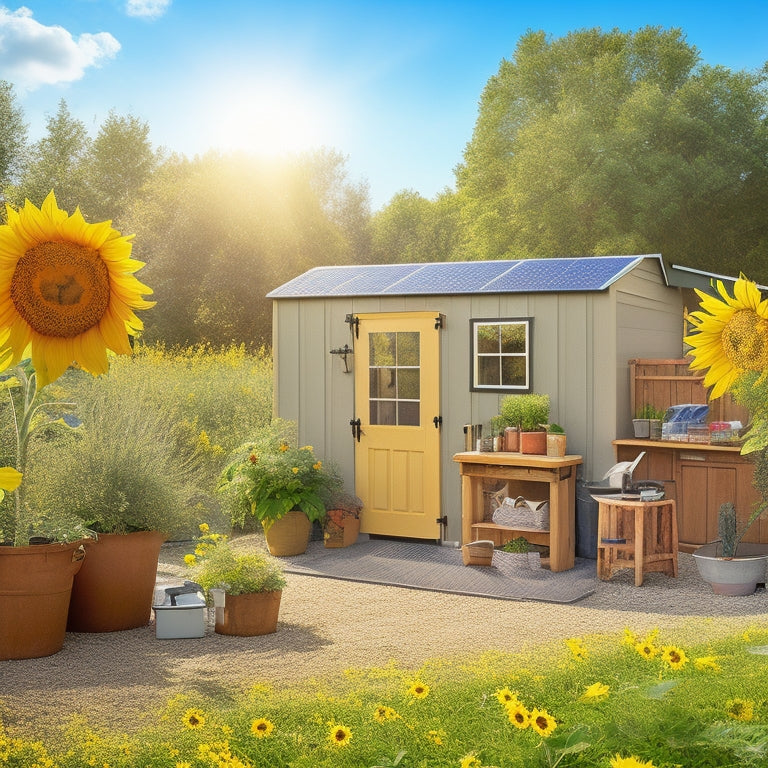 A serene backyard scene featuring a DIY solar power setup: solar panels on a rooftop, batteries in a shed, tools scattered on a workbench, and a garden with sunflowers basking in sunlight.