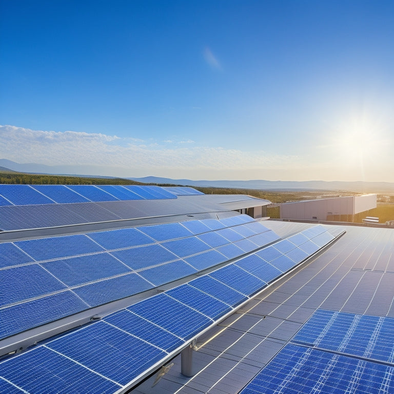 A photorealistic image of a sleek, modern rooftop with three rows of high-efficiency solar panels, angled at 30 degrees, reflecting a clear blue sky with a few wispy clouds.