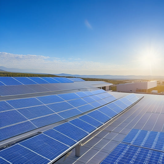 A photorealistic image of a sleek, modern rooftop with three rows of high-efficiency solar panels, angled at 30 degrees, reflecting a clear blue sky with a few wispy clouds.