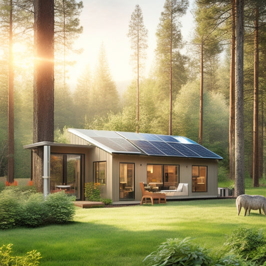 An illustration of a modern, eco-friendly cabin surrounded by lush greenery, with a rooftop solar panel array and various battery storage systems, including Tesla Powerwall, LG Chem, and Sonnen eco, in the foreground.