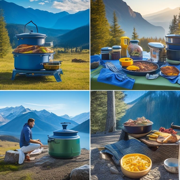 A vibrant outdoor scene featuring various solar cookers in action, set against a picturesque backdrop of mountains and trees. Sunlight reflects off the cookers, with delicious meals sizzling inside, surrounded by camping gear and nature.