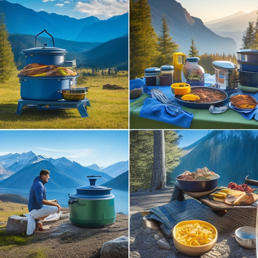 A vibrant outdoor scene featuring various solar cookers in action, set against a picturesque backdrop of mountains and trees. Sunlight reflects off the cookers, with delicious meals sizzling inside, surrounded by camping gear and nature.