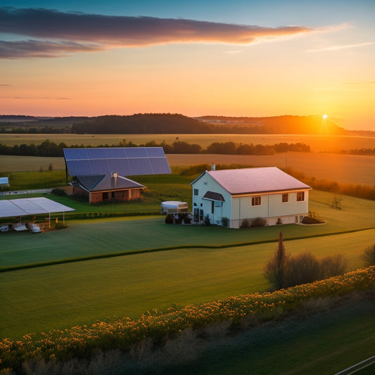 A serene, rural landscape at sunset with a modern, sustainable homestead in the distance, featuring a rooftop covered in solar panels, a wind turbine, and a battery bank beside a lush green garden.