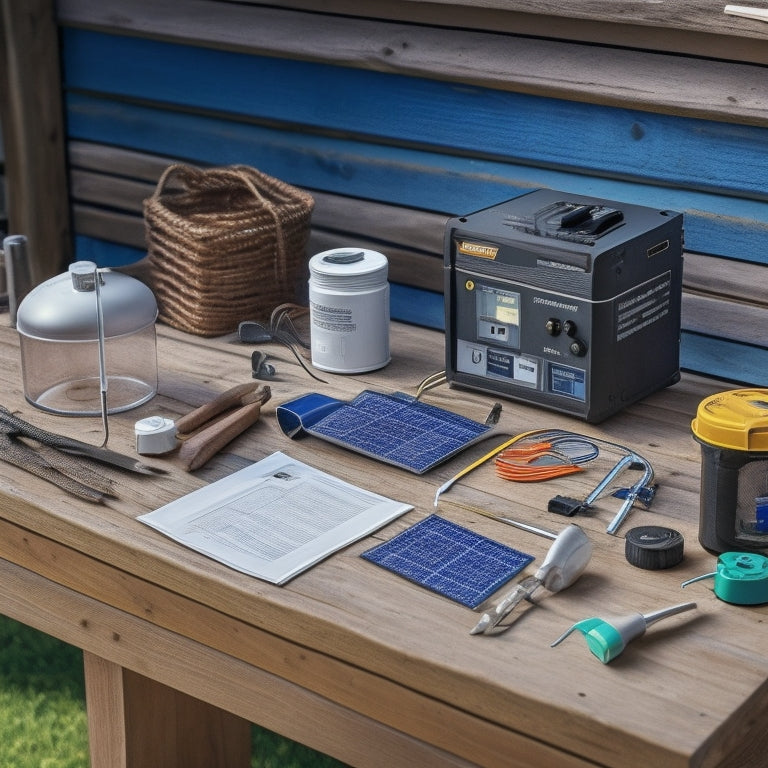 A photorealistic image of a DIY solar generator kit on a wooden workbench, with neatly arranged components, wires, and tools, surrounded by scattered blueprints and a faint sunny background.