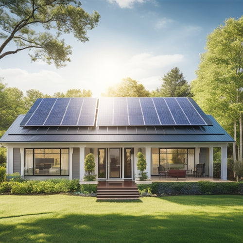 A serene suburban home with a sleek, black solar panel array installed on its rooftop, surrounded by lush green trees and a bright blue sky with a few puffy white clouds.