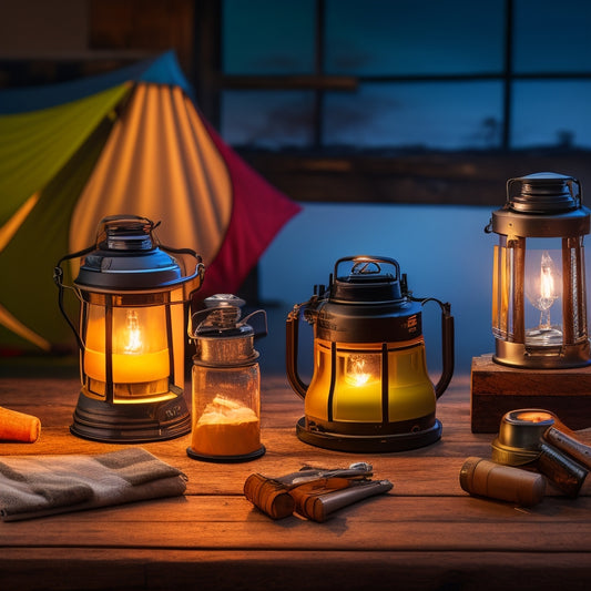 A variety of rechargeable lantern batteries displayed on a rustic wooden table, surrounded by emergency supplies like a flashlight, first aid kit, and a camping lantern, set against a darkened outdoor backdrop.