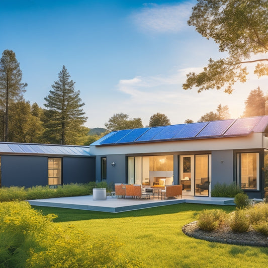 A modern home's backyard with a sleek, silver home battery backup system installed next to a solar panel array, surrounded by lush greenery and a sunny afternoon sky.