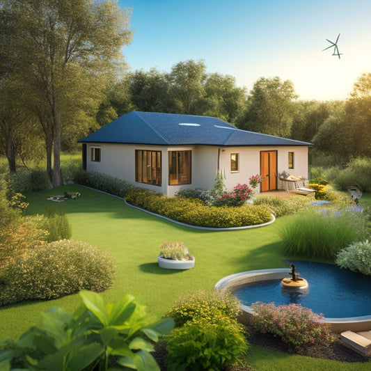 A serene backyard scene featuring a small, modern house with a sloping roof, solar panels, and a compact wind turbine, surrounded by lush greenery and a few butterflies fluttering nearby.