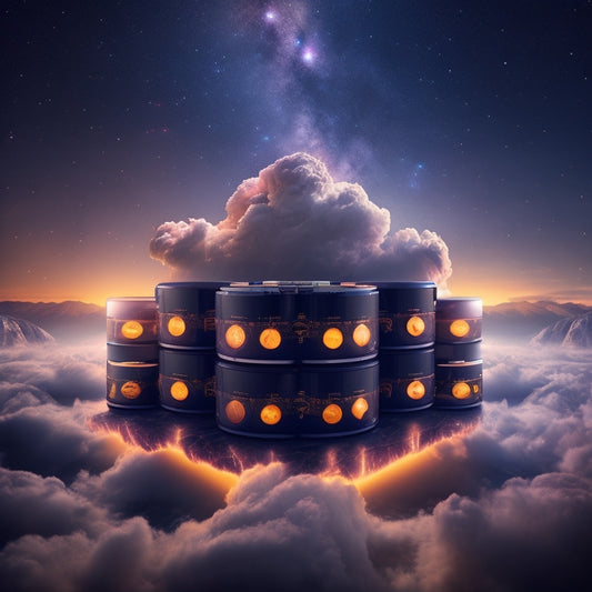 A futuristic, high-contrast illustration of nine batteries, each representing a planet, orbiting a bright, glowing core, surrounded by starry space and wispy, nebula-inspired clouds.