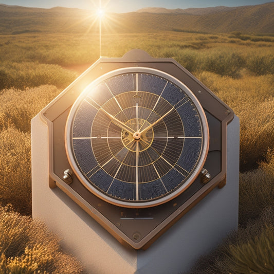 An illustration of a solar panel with a battery in the center, surrounded by clock gears, leaves, and a subtle grid pattern, conveying a sense of sustainability and timelessness.